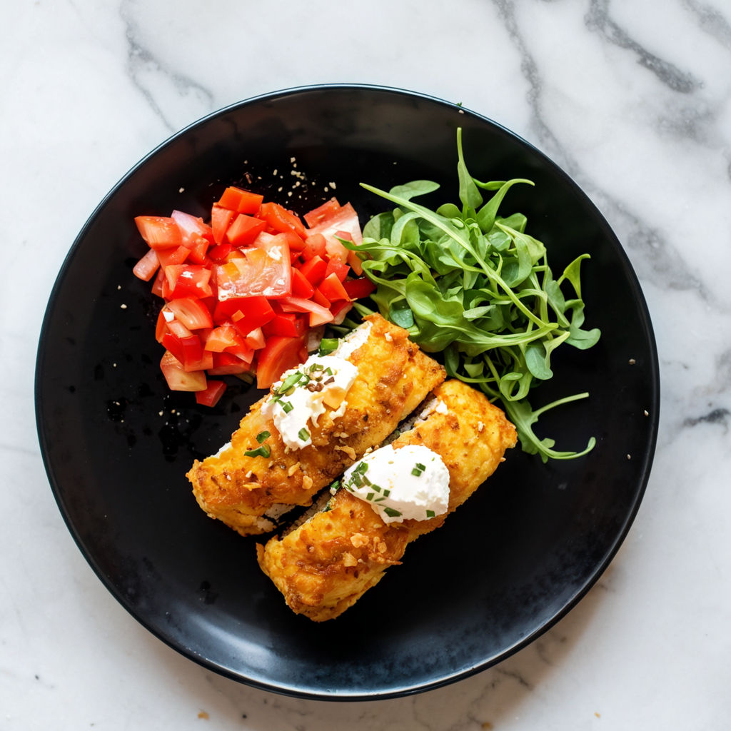 Prato preto em cima de mesa com omelete vegetais com queijo feta.