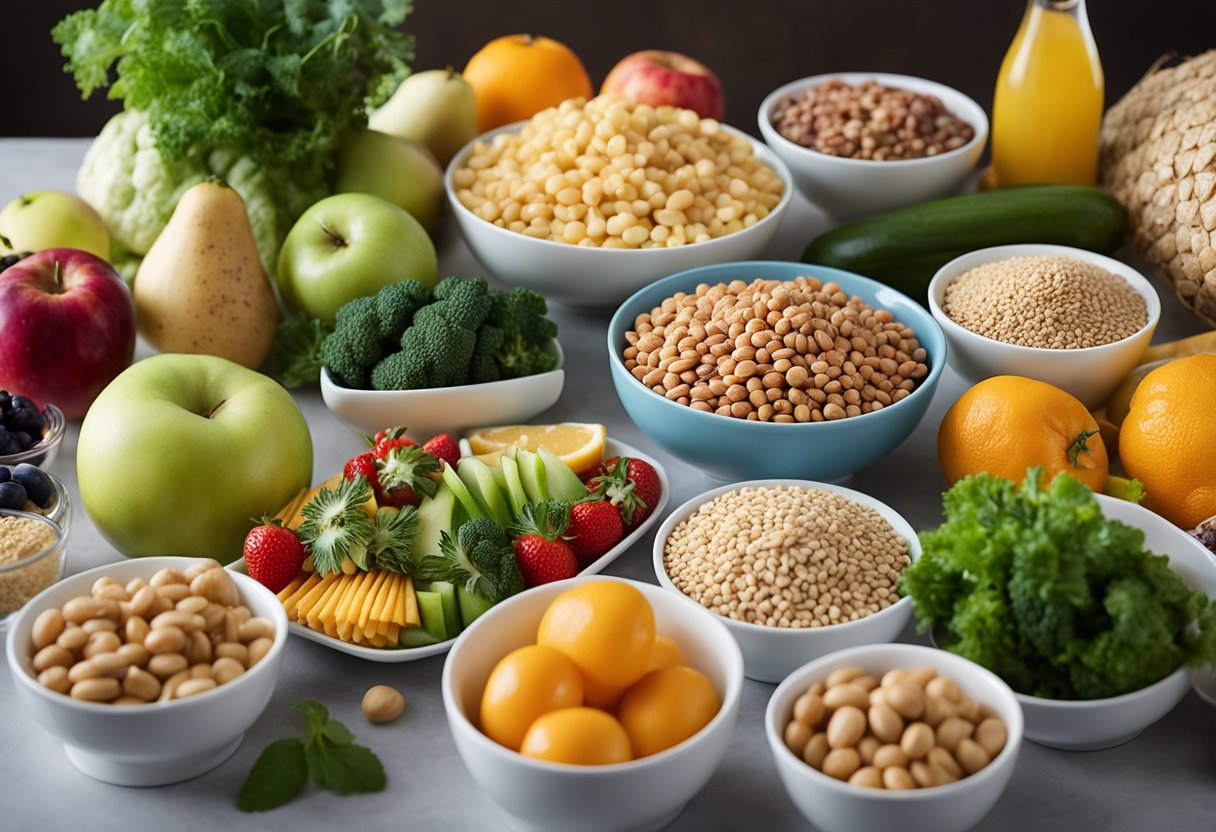 A table with various types of food and nutrient-rich items, such as fruits, vegetables, lean proteins, and whole grains, arranged neatly with labels indicating their benefits for weight loss