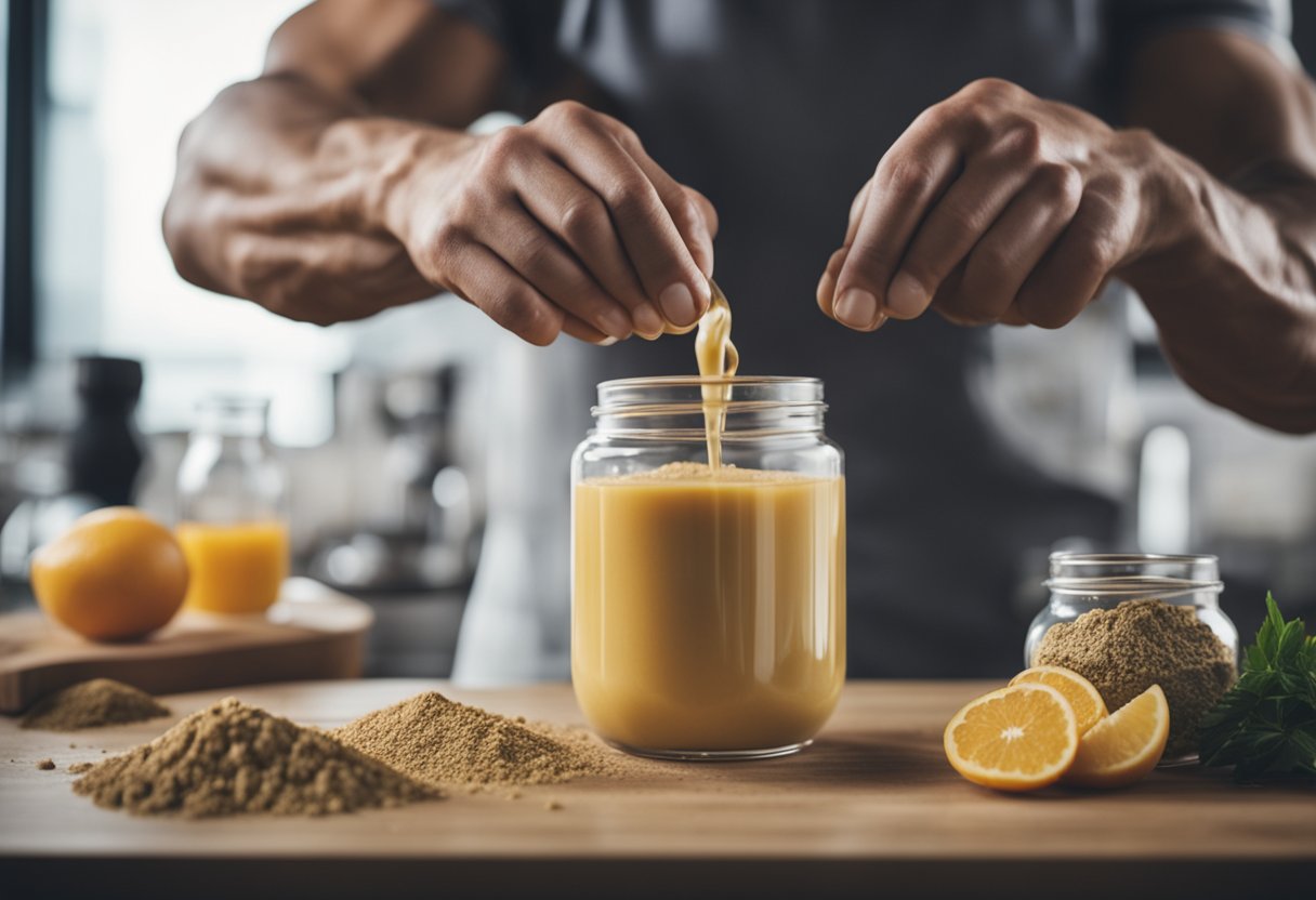 A person mixing homemade muscle-building supplement with ingredients and a blender